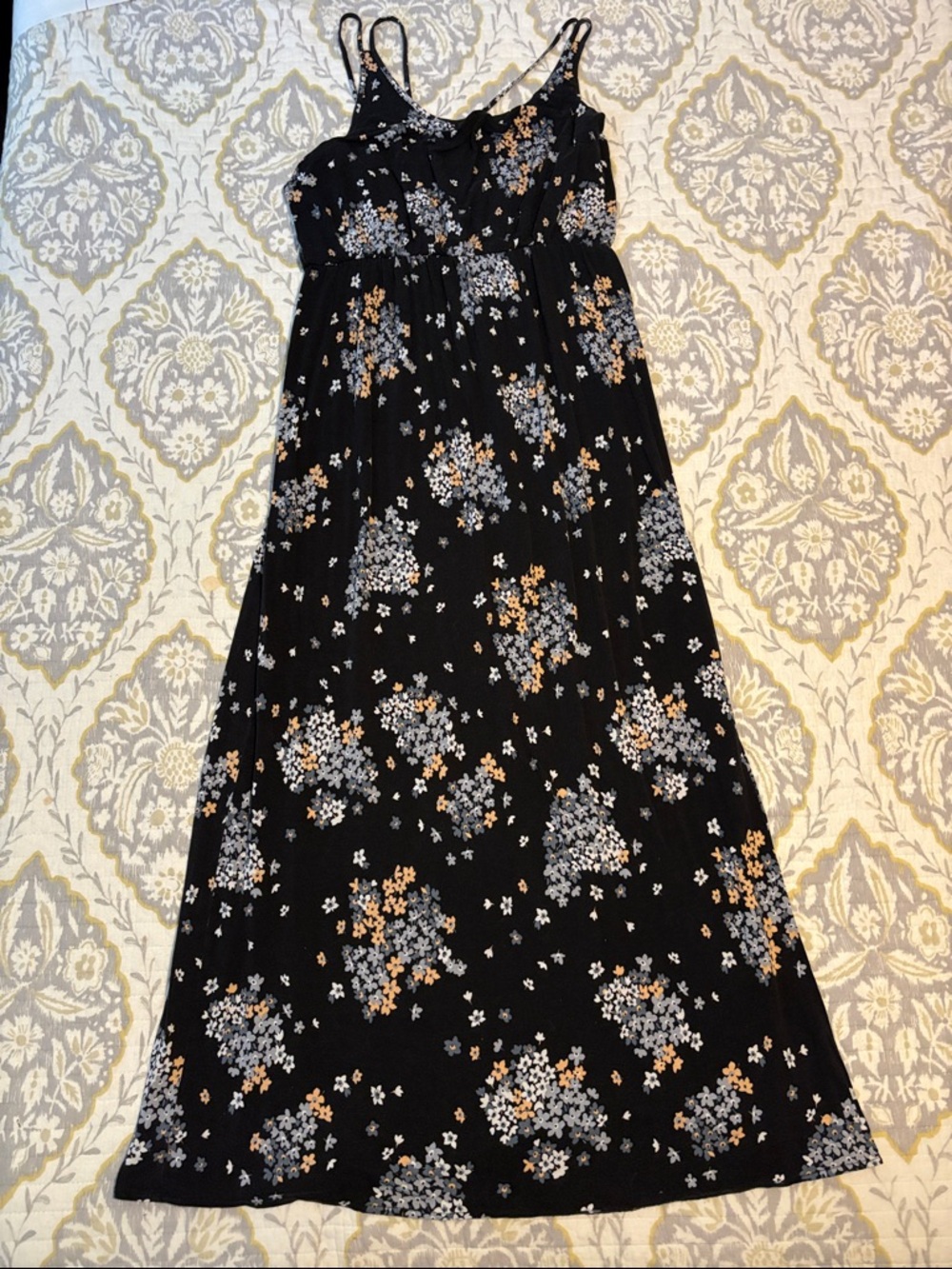 LOFT Black Floral Maxi Dress with Blue and Tan Accents